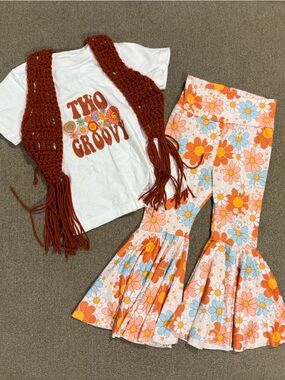 Retro TWO Groovy Floral Bell-Bottom Matching Set